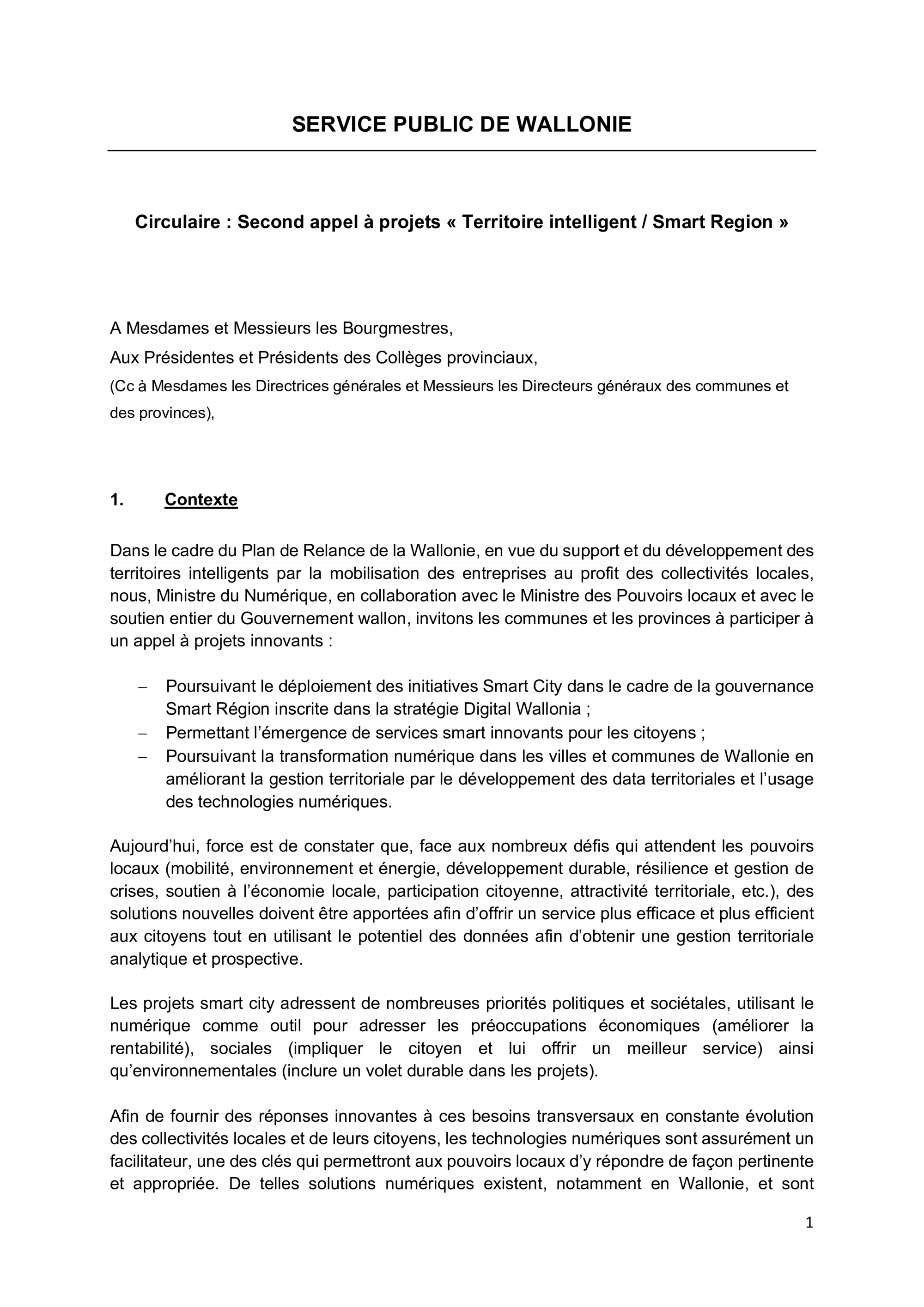 Circulaire — second appel à projets « Territoire intelligent / Smart Région » (Gouvernement wallon, Plan de relance, 2023)