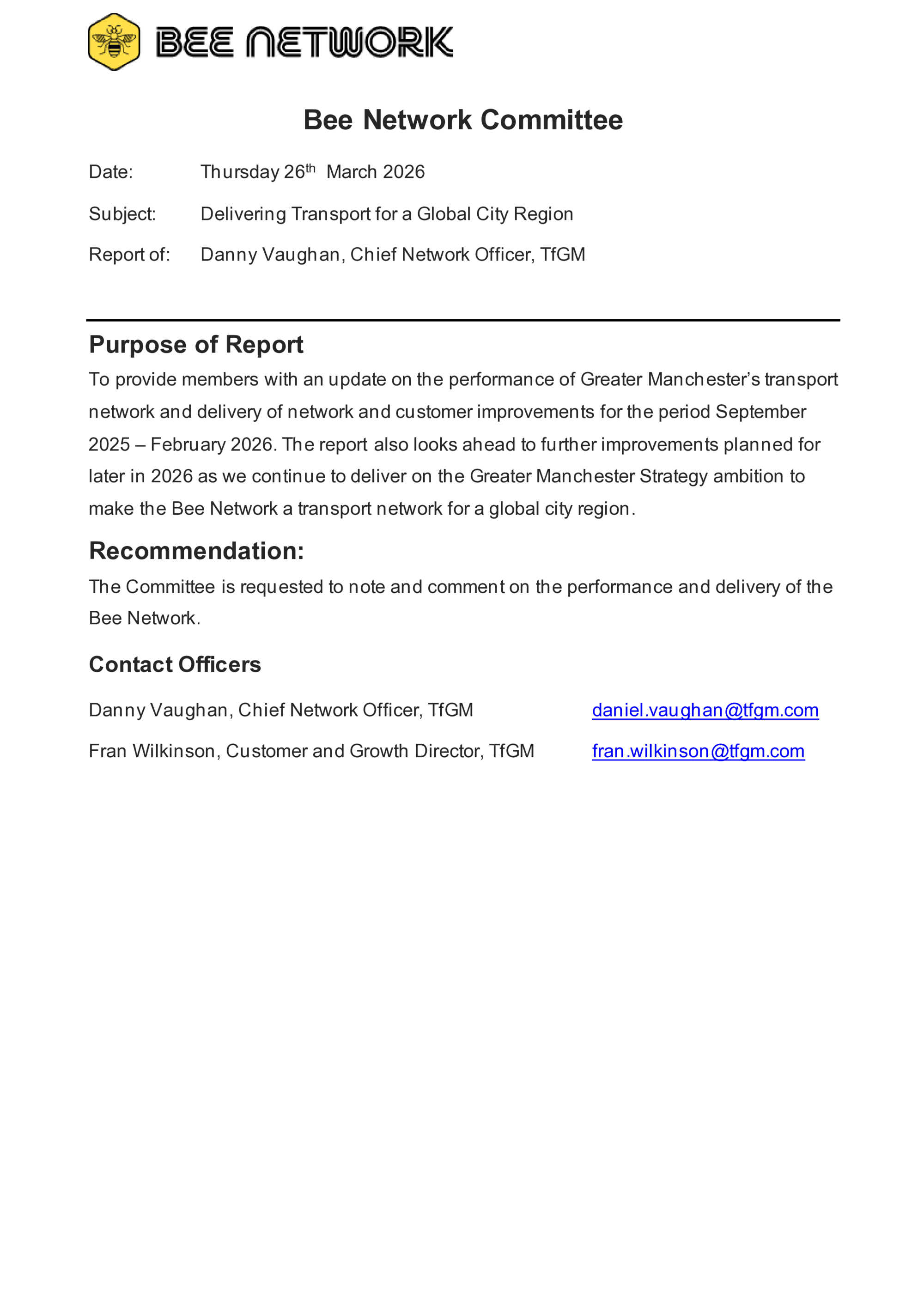 Delivering Transport for a Global City Region — Bee Network performance report to the Bee Network Committee (TfGM, 26 March 2026)