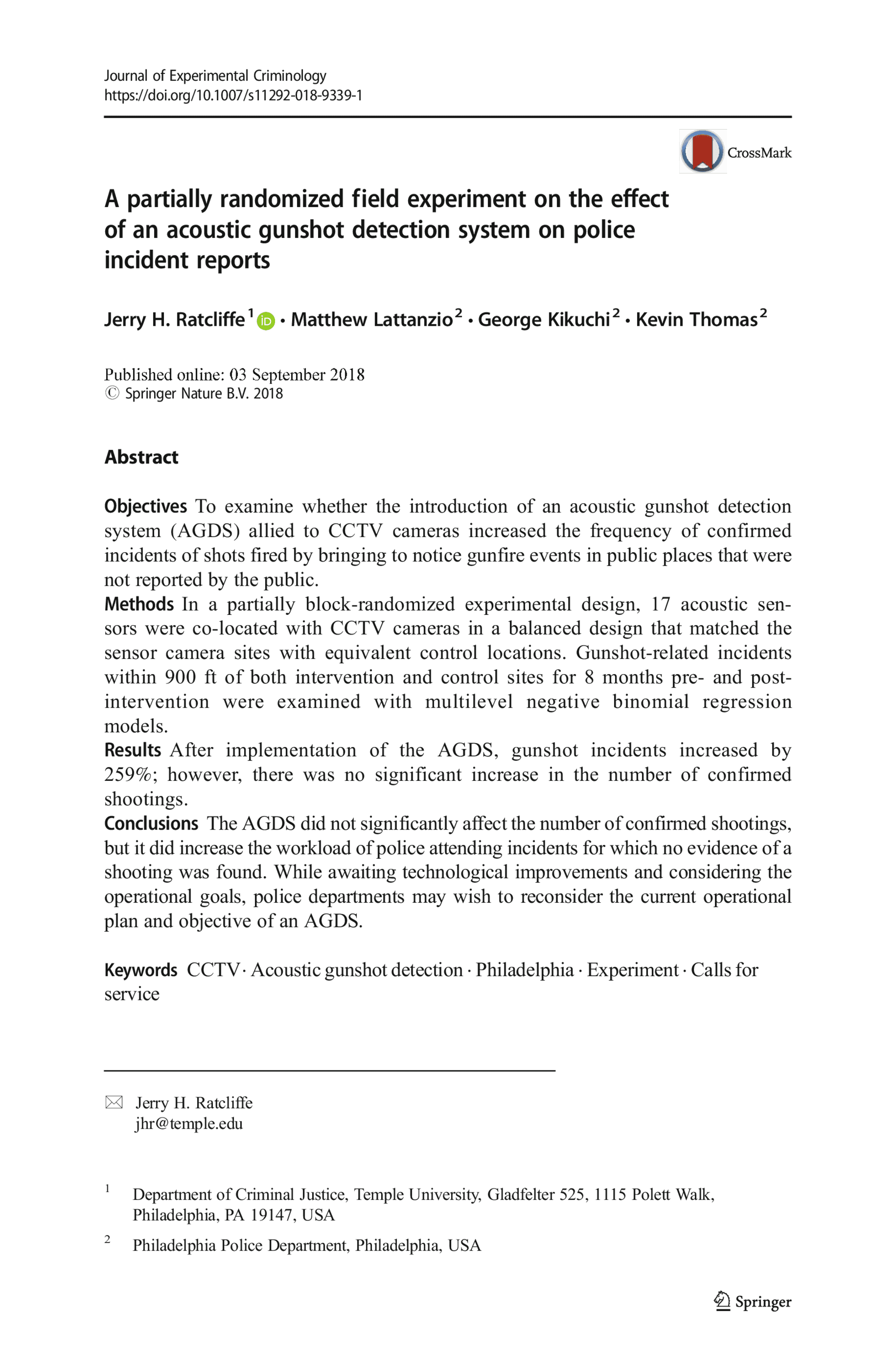 A partially randomized field experiment on the effect of an acoustic gunshot detection system on police incident reports (Ratcliffe et al., Journal of Experimental Criminology)